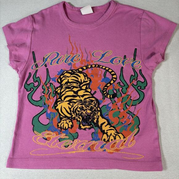 Urban Outfitters Size M Baby Tee Pink Pure Love Eternal Tiger Graphic Y2K Crop - Picture 2 of 8